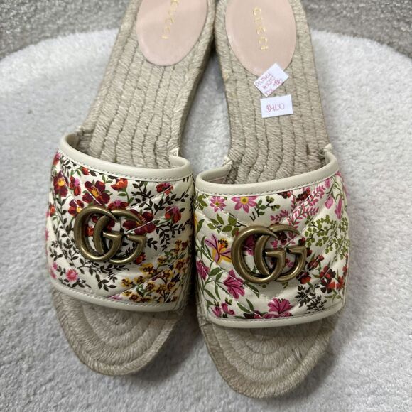 GUCCI Women’s GG Marmont Espadrilles Slide Sandals Quilted Printed Canvas - Picture 1 of 7